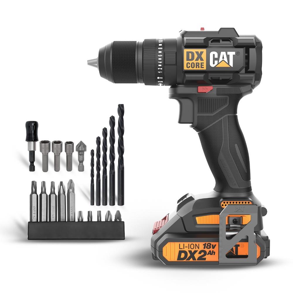 cat-dx1010-1-18volt-2-0ah-li-ion-cift-akulu-komursuz-profesyonel-sarjli-darbeli-matkap-20-parca-delme-vidalama-uc-seti-26245