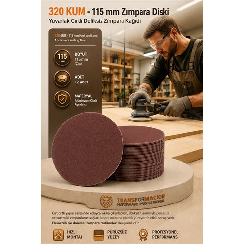 12 ADET 320 KUM Yuvarlak Cırtlı Zımpara Diski 115 mm Deliksiz Zımpara Kağıdı 723220