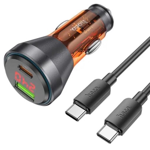 HOCO NZ12B Unimpeded PD48W USB + Type-C Araç Çakmaklı Hızlı Şarj Aleti + Type-C to Type-C Kablo Turuncu